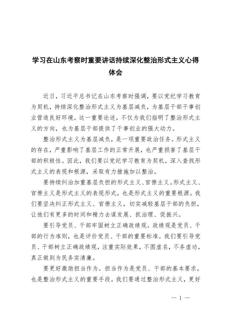 2024年学习在山东考察时重要讲话持续深化整治形式主义感悟心得体会